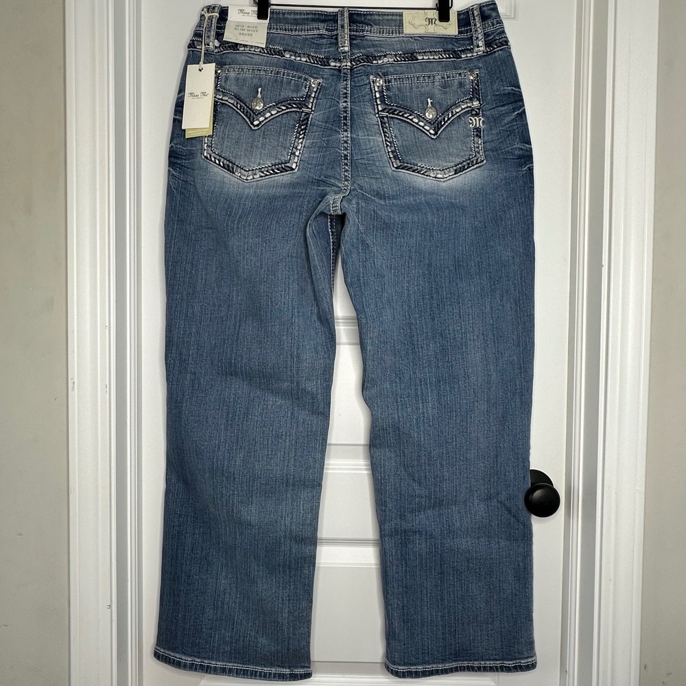 Miss Me Mid Rise Slim Wide Jeans W34 L30 Y2K Bling Thick‎ Stitch Bootcut NWT - Picture 2 of 16